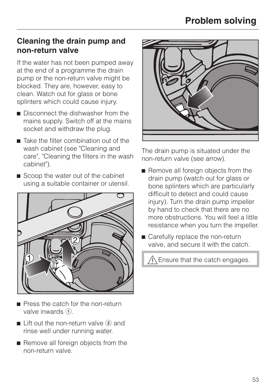 Cleaning the drain pump and non-return valve 53, Problem solving, Cleaning the drain pump and non-return valve | Miele 06 702 810 User Manual | Page 53 / 64