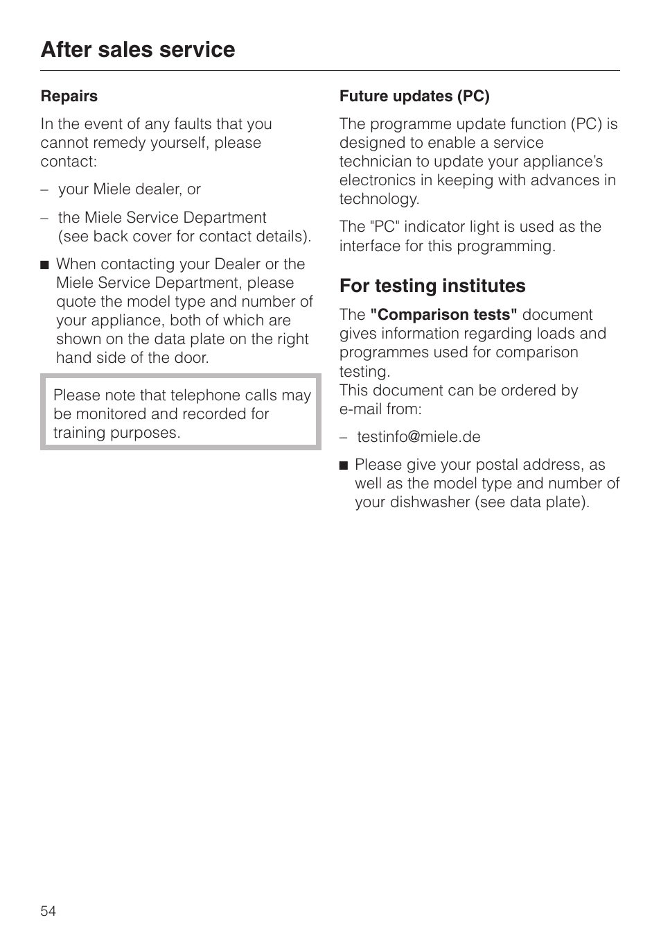 After sales service 54, Repairs 54, Future updates (pc) 54 | For testing institutes 54, After sales service, For testing institutes | Miele 06 702 810 User Manual | Page 54 / 64