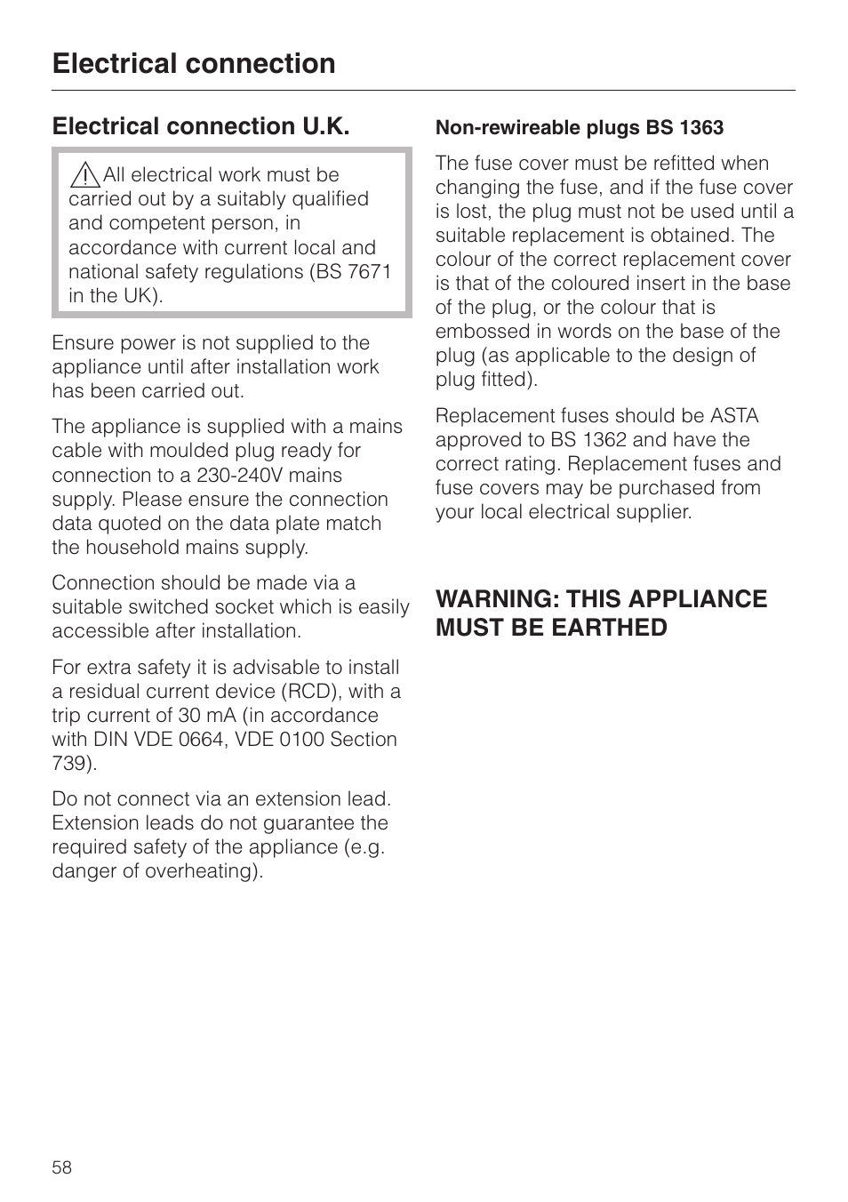 Electrical connection 58, Electrical connection | Miele 06 702 810 User Manual | Page 58 / 64