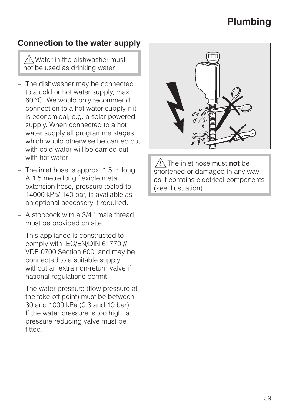 Plumbing 59, Connection to the water supply 59, Plumbing | Miele 06 702 810 User Manual | Page 59 / 64