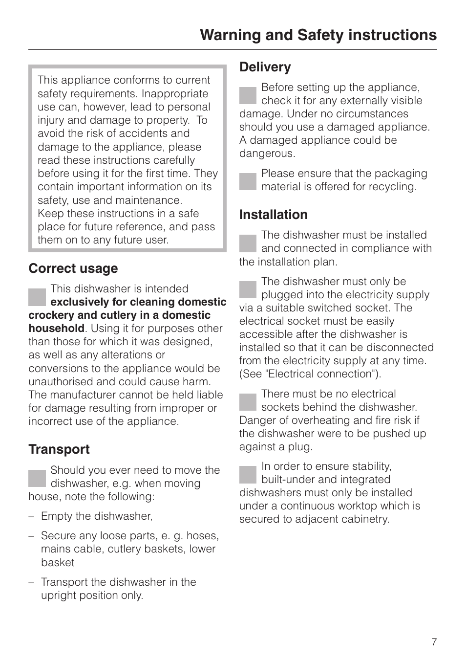 Warning and safety instructions 7, Warning and safety instructions, Correct usage | Transport, Delivery, Installation | Miele 06 702 810 User Manual | Page 7 / 64