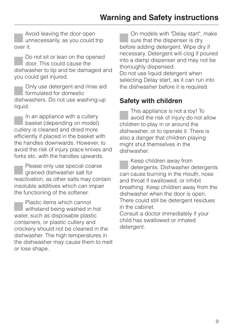 Warning and safety instructions, Safety with children | Miele 06 702 810 User Manual | Page 9 / 64