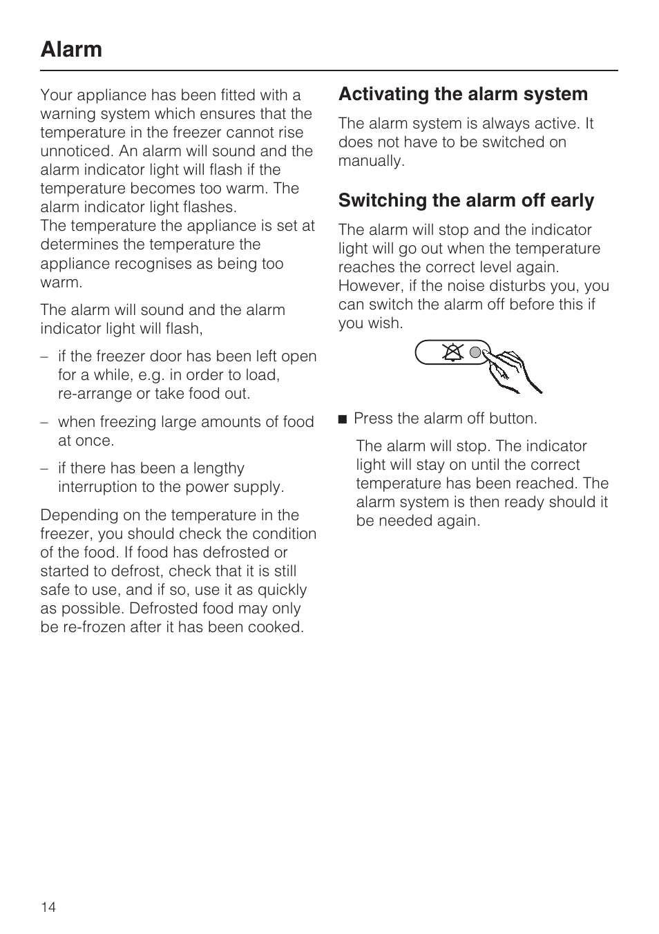 Alarm 14, Activating the alarm system 14, Switching the alarm off early 14 | Alarm, Activating the alarm system, Switching the alarm off early | Miele F 9212 i User Manual | Page 14 / 36