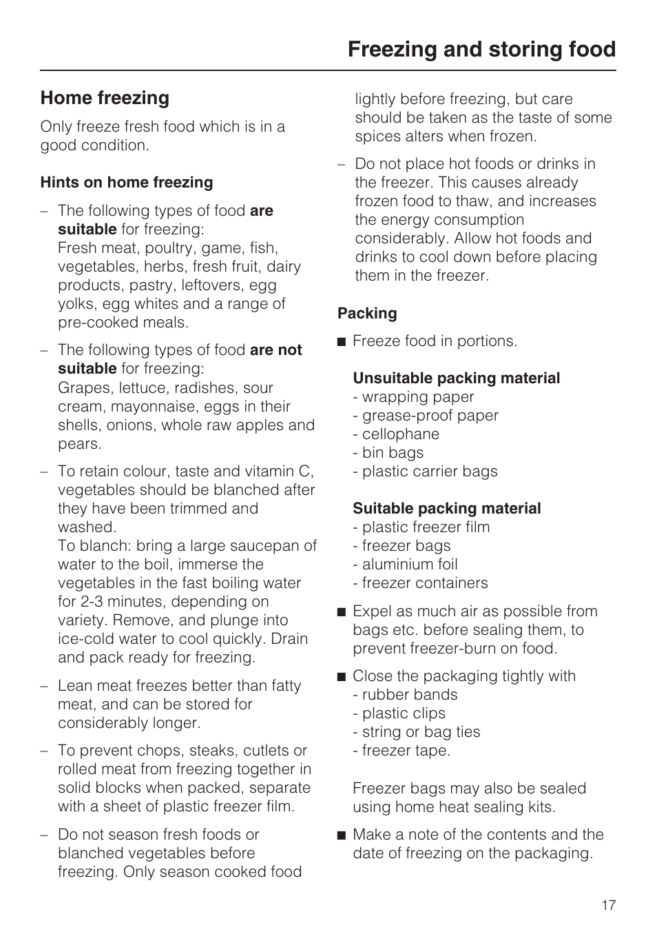 Home freezing 17, Hints on home freezing 17, Packing 17 | Freezing and storing food, Home freezing | Miele F 9212 i User Manual | Page 17 / 36