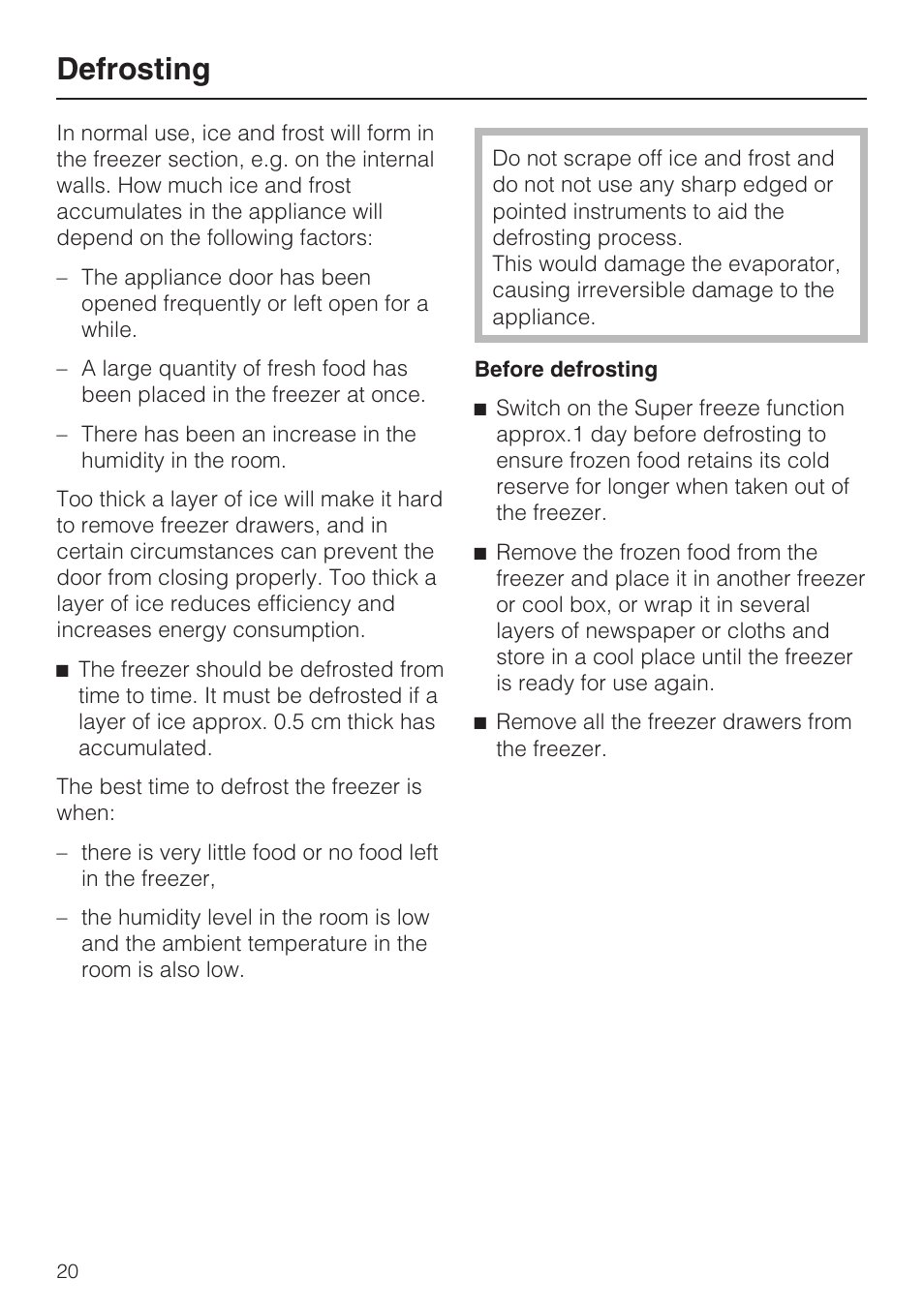 Defrosting 20, Defrosting | Miele F 9212 i User Manual | Page 20 / 36