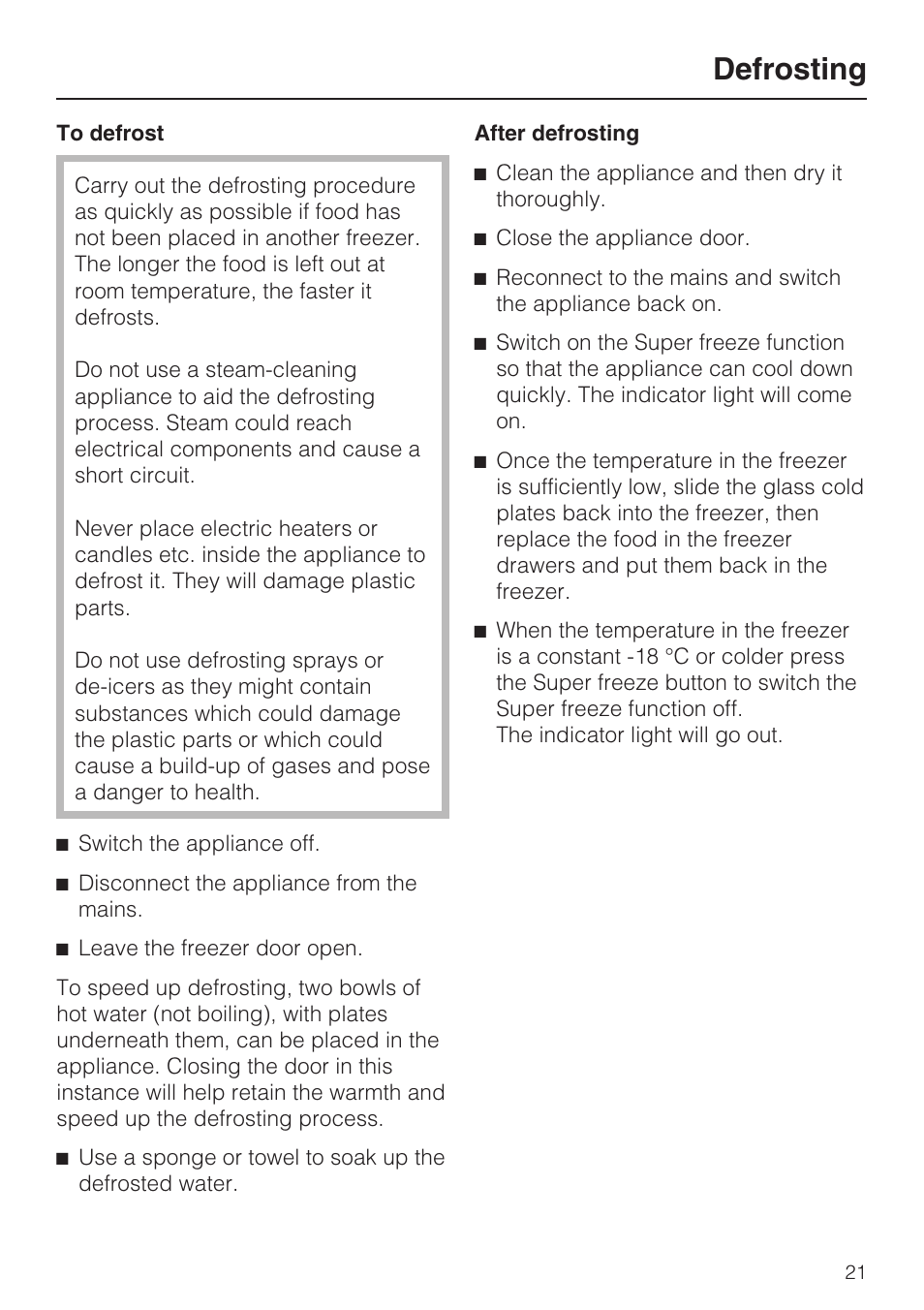 Defrosting | Miele F 9212 i User Manual | Page 21 / 36