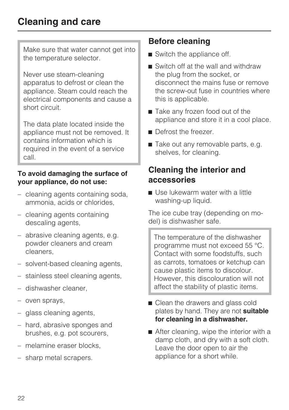 Cleaning and care 22, Cleaning the interior and accessories 22, Cleaning and care | Before cleaning, Cleaning the interior and accessories | Miele F 9212 i User Manual | Page 22 / 36