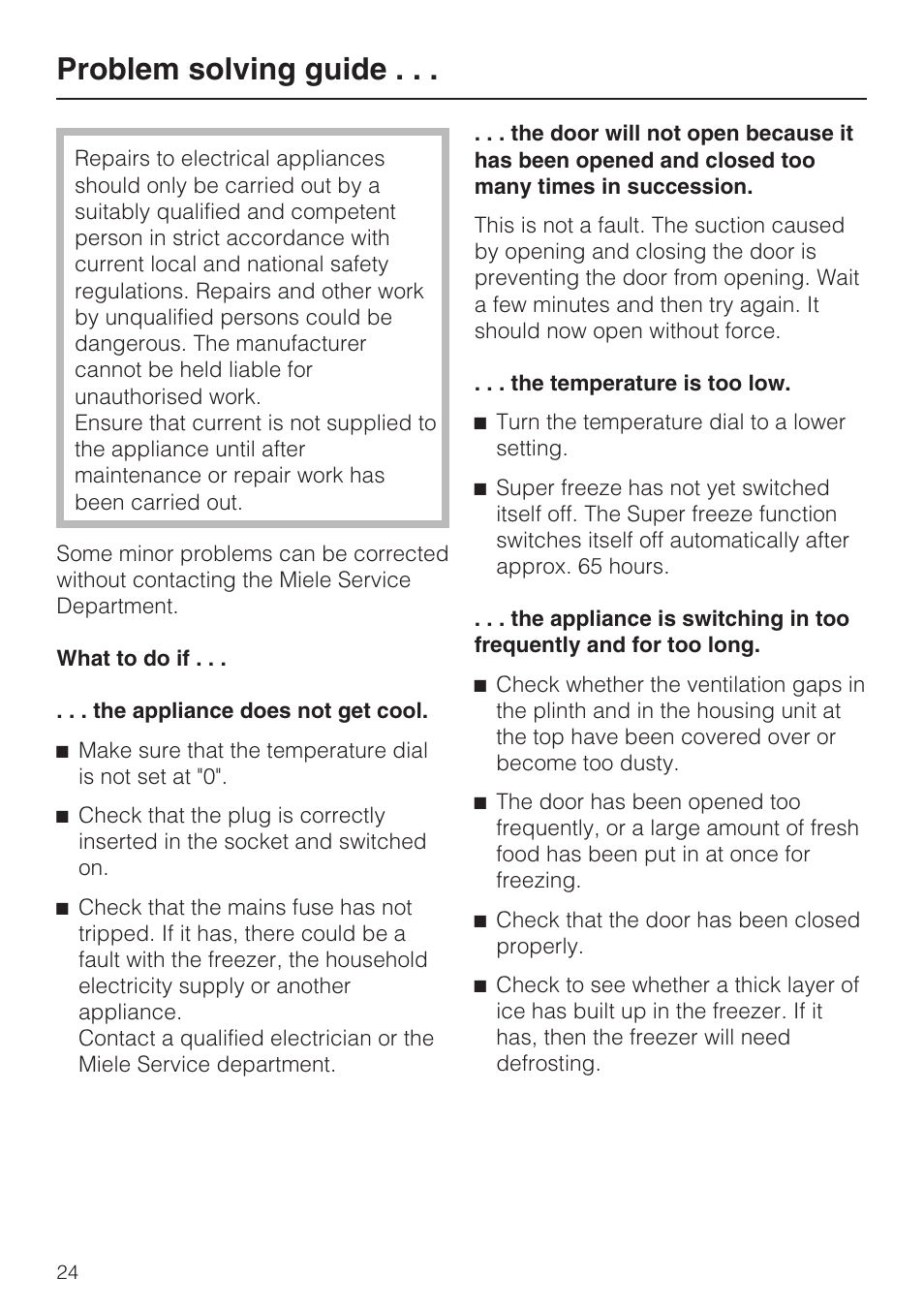 Problem solving guide | Miele F 9212 i User Manual | Page 24 / 36