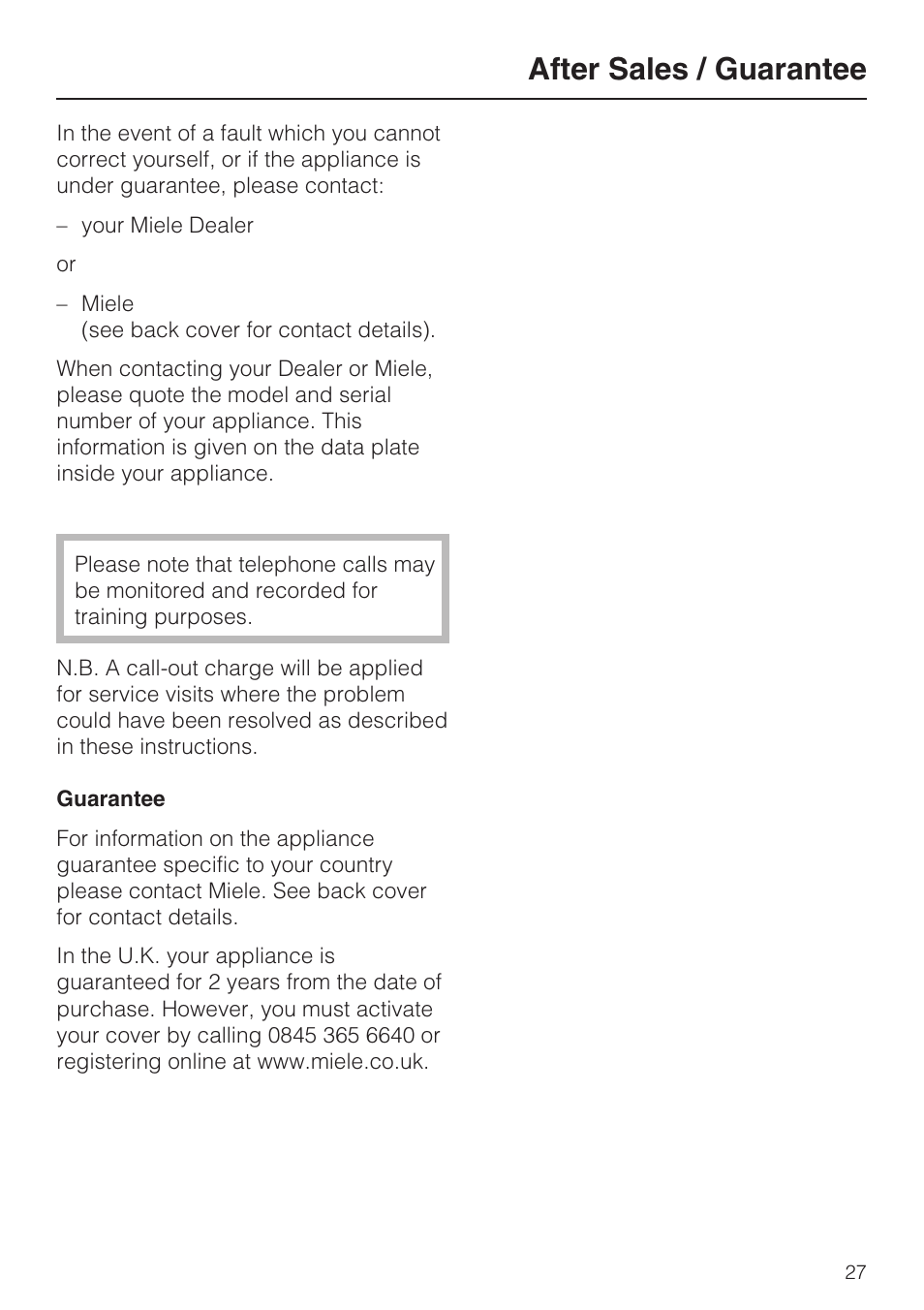 After sales / guarantee 27, After sales / guarantee | Miele F 9212 i User Manual | Page 27 / 36