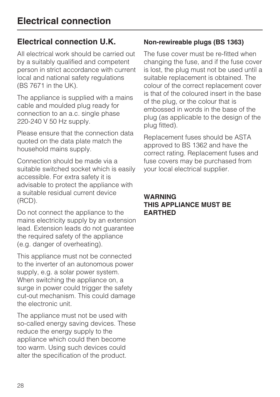 Electrical connection 28, Electrical connection, Electrical connection u.k | Miele F 9212 i User Manual | Page 28 / 36