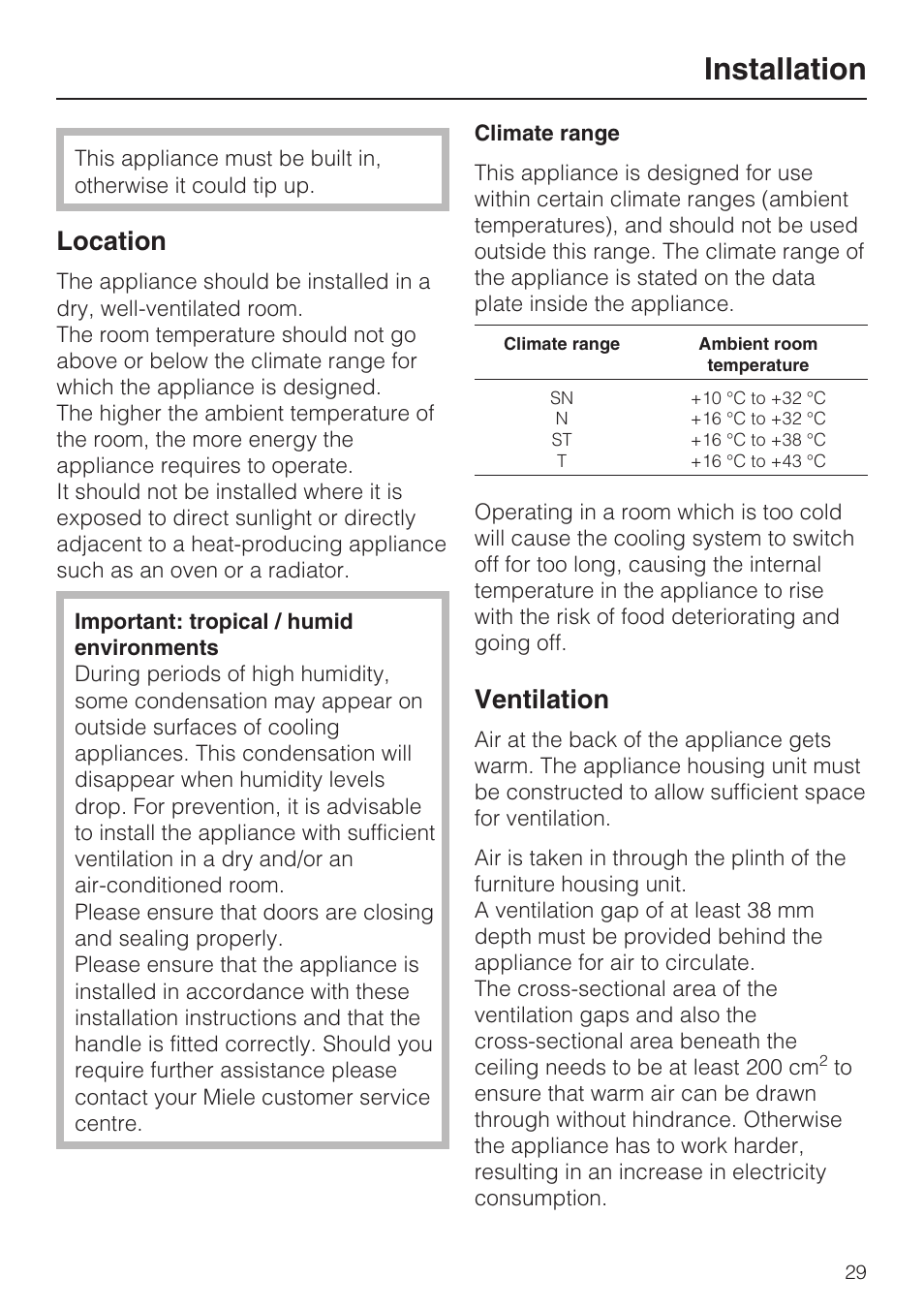 Installation 29, Location 29, Climate range 29 | Ventilation 29, Installation, Location, Ventilation | Miele F 9212 i User Manual | Page 29 / 36