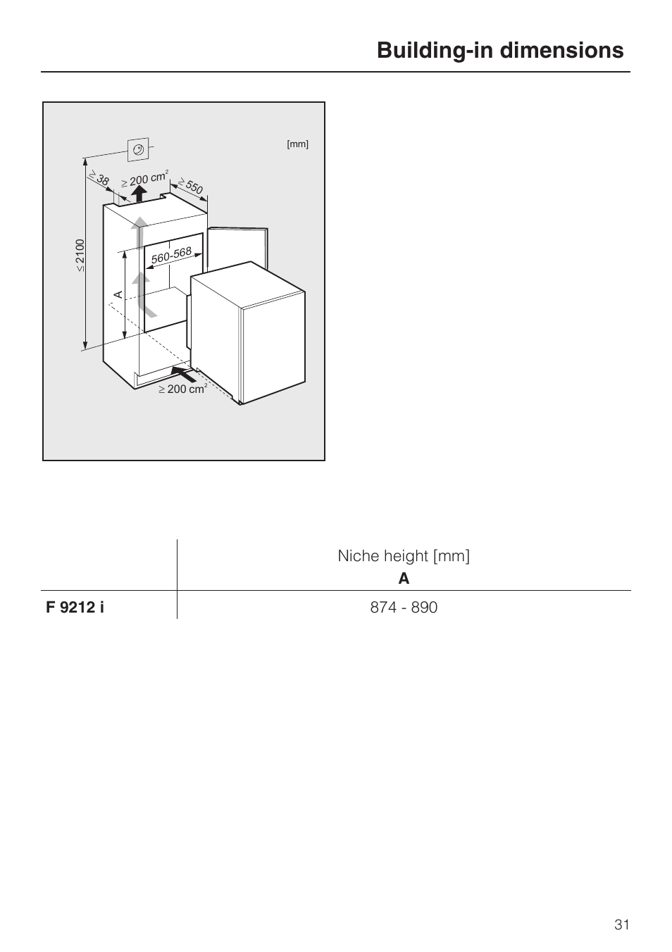 Building-in dimensions 31, Building-in dimensions | Miele F 9212 i User Manual | Page 31 / 36