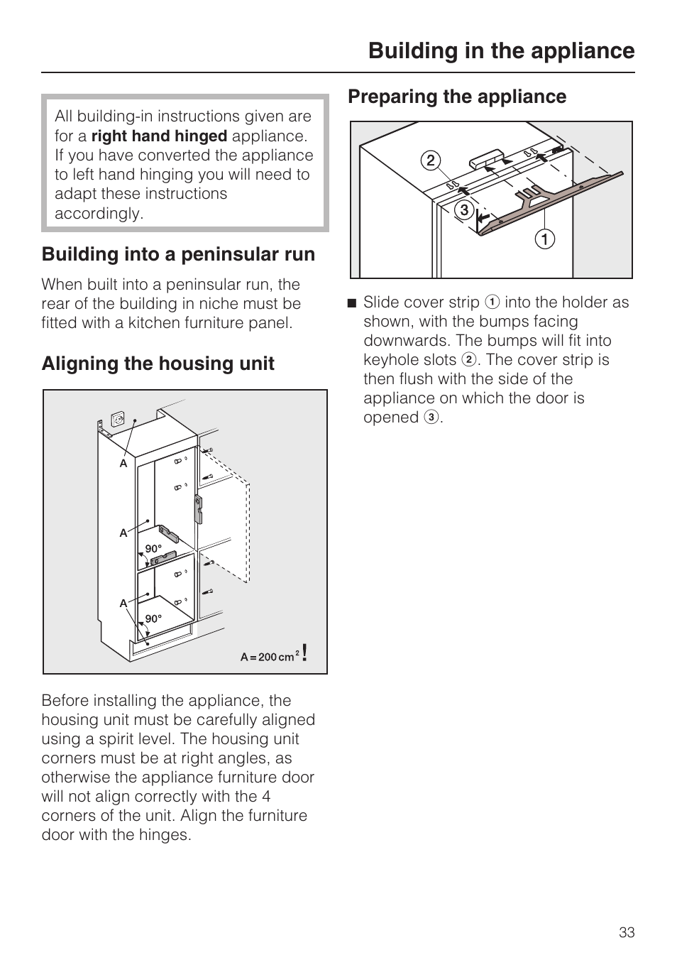 Building in the appliance 33, Building into a peninsular run 33, Building in the appliance | Miele F 9212 i User Manual | Page 33 / 36