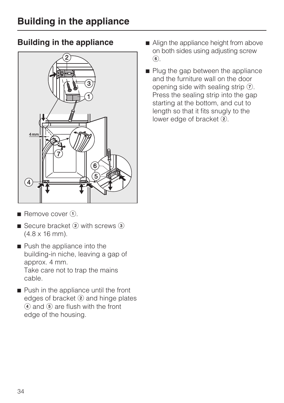 Building in the appliance | Miele F 9212 i User Manual | Page 34 / 36