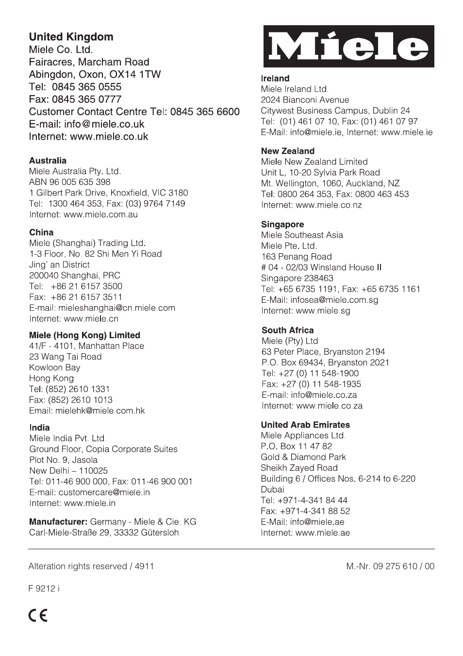 Miele F 9212 i User Manual | Page 36 / 36