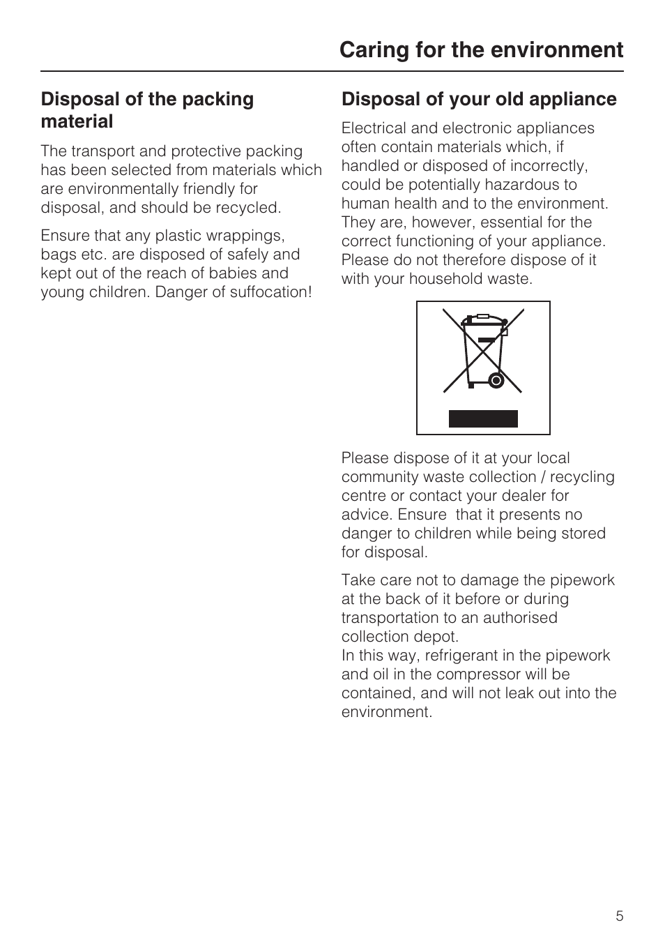 Caring for the environment 5, Caring for the environment | Miele F 9212 i User Manual | Page 5 / 36