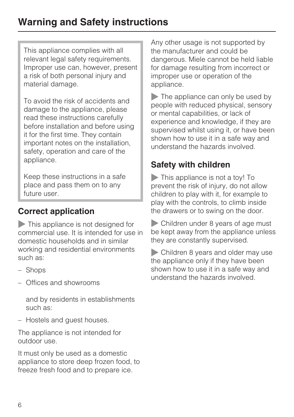 Warning and safety instructions 6, Warning and safety instructions | Miele F 9212 i User Manual | Page 6 / 36