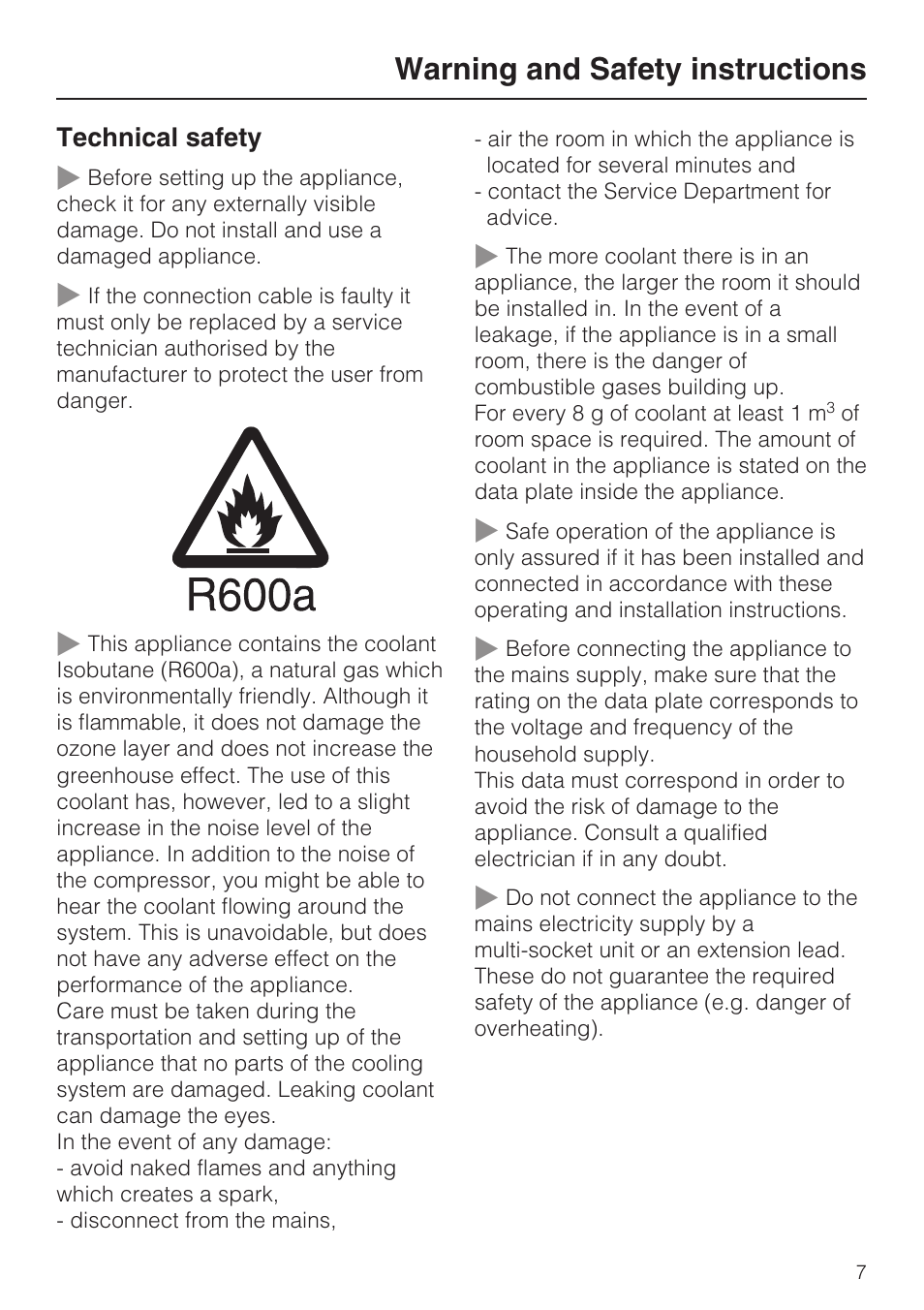 Warning and safety instructions | Miele F 9212 i User Manual | Page 7 / 36