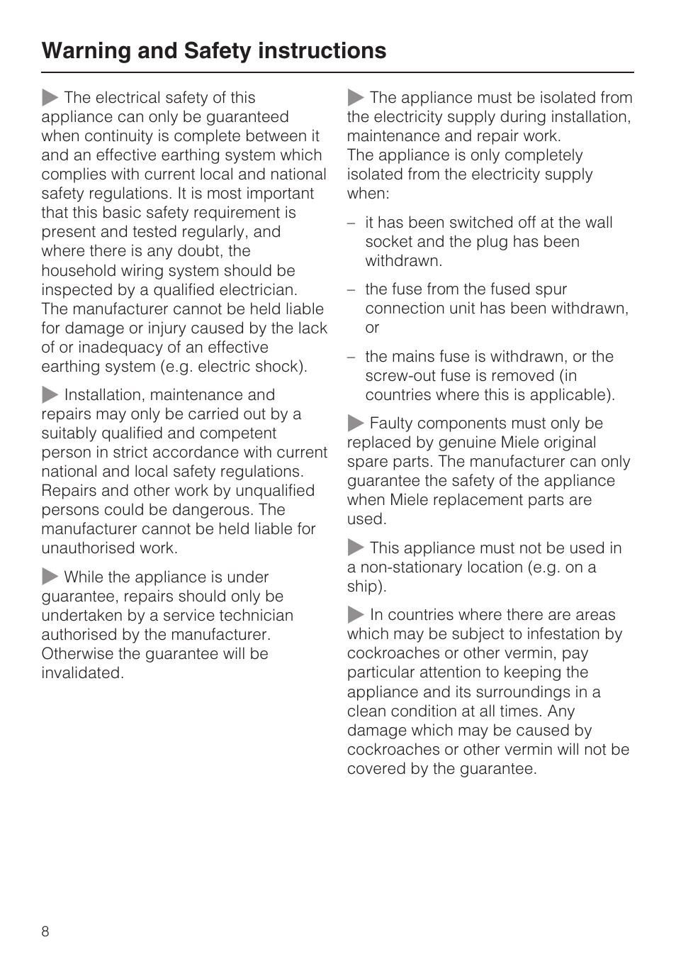 Warning and safety instructions | Miele F 9212 i User Manual | Page 8 / 36