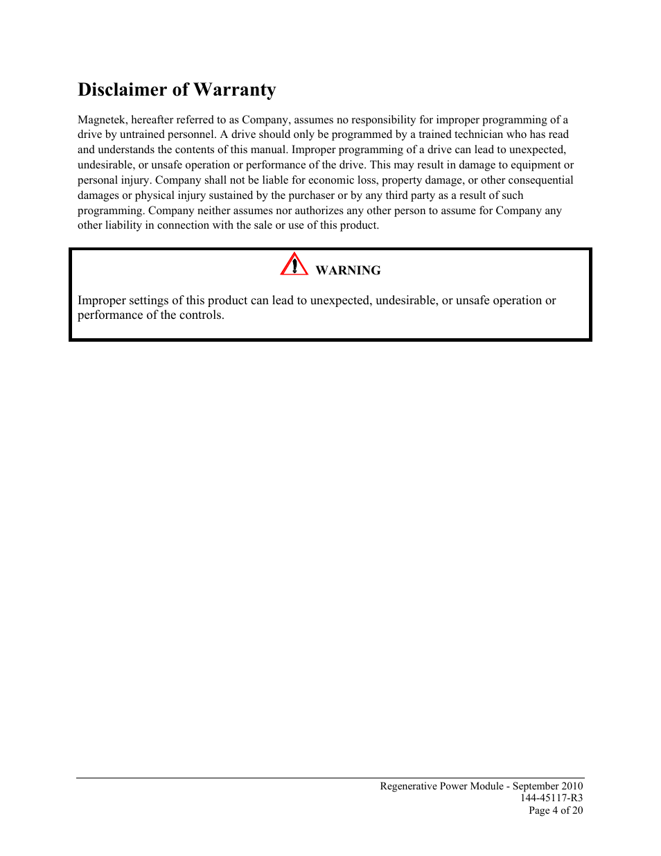 Disclaimer of warranty | Magnetek 144-45117-R3 User Manual | Page 4 / 20