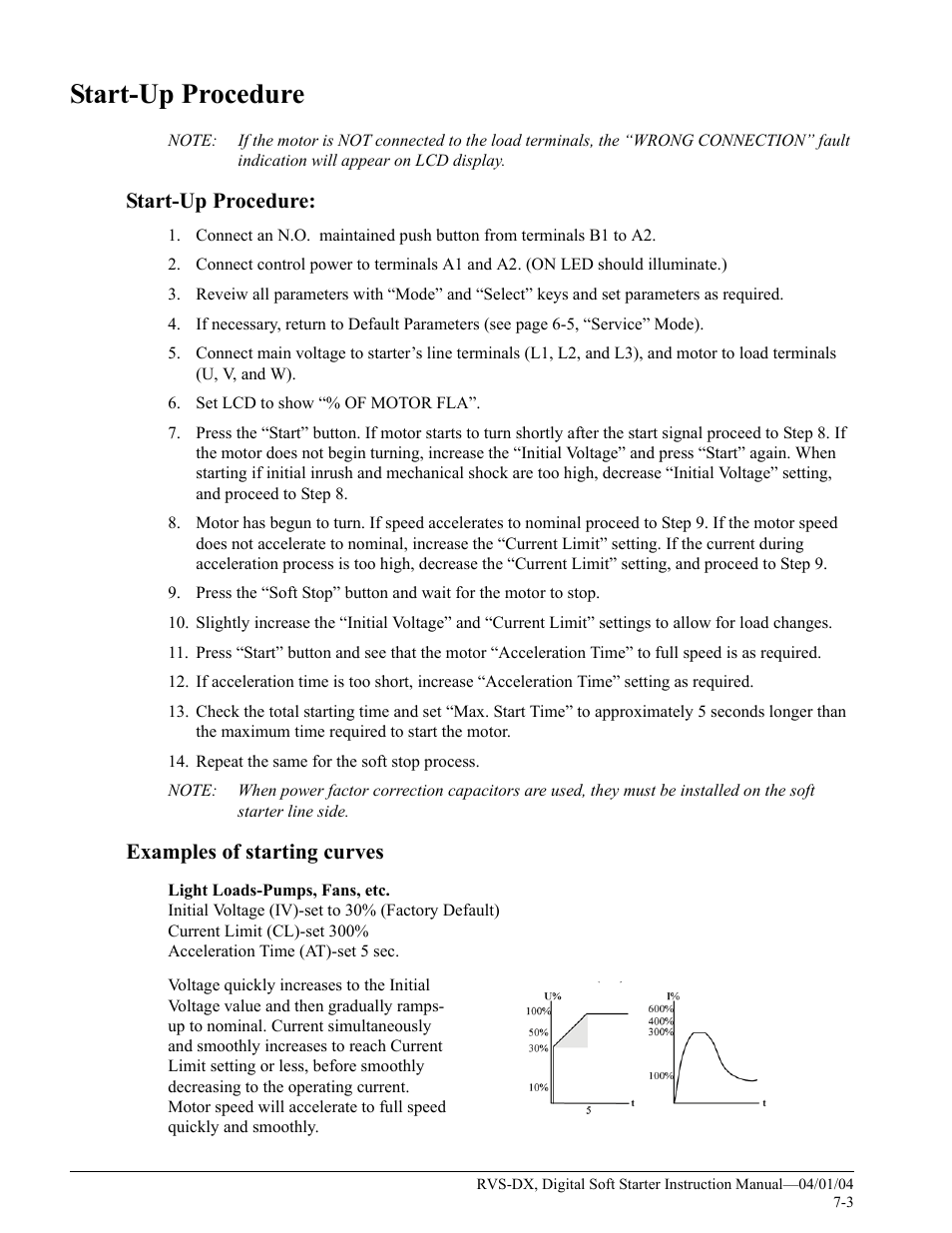 Start-up procedure, Examples of starting curves | Magnetek 188-10130 User Manual | Page 48 / 67