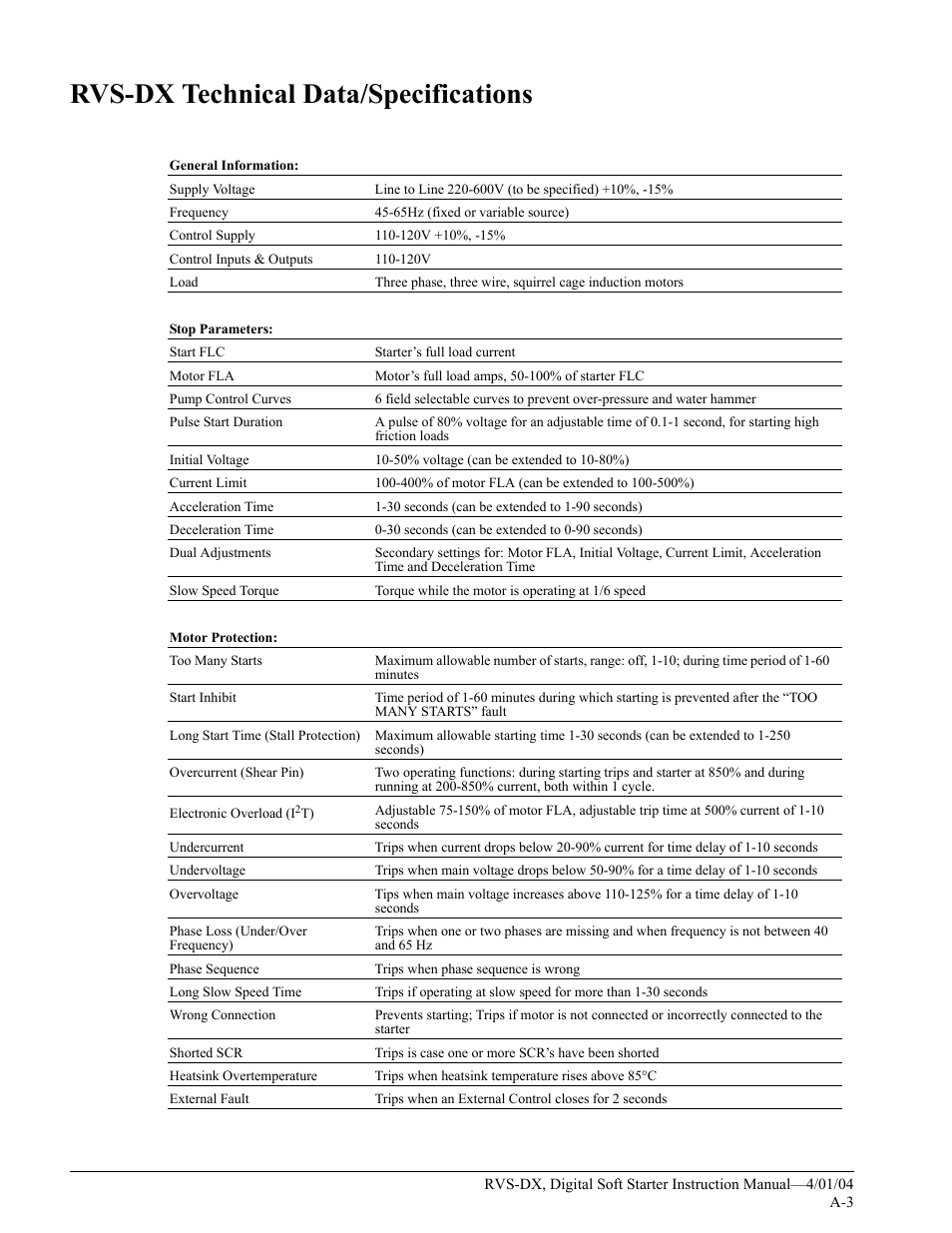 Rvs-dx technical data/specifications | Magnetek 188-10130 User Manual | Page 58 / 67
