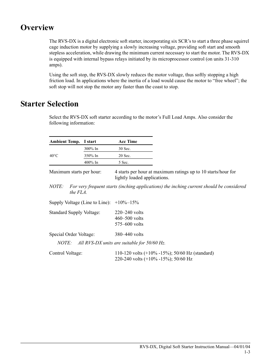 Overview, Starter selection | Magnetek 188-10130 User Manual | Page 9 / 67