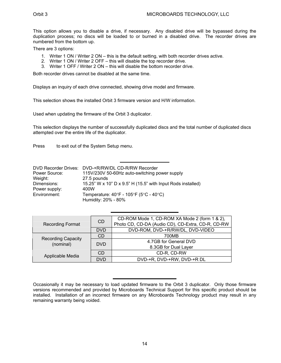 Specifications, Supported formats, Firmware updates | MicroBoards Technology Orbit 3 User Manual | Page 14 / 16