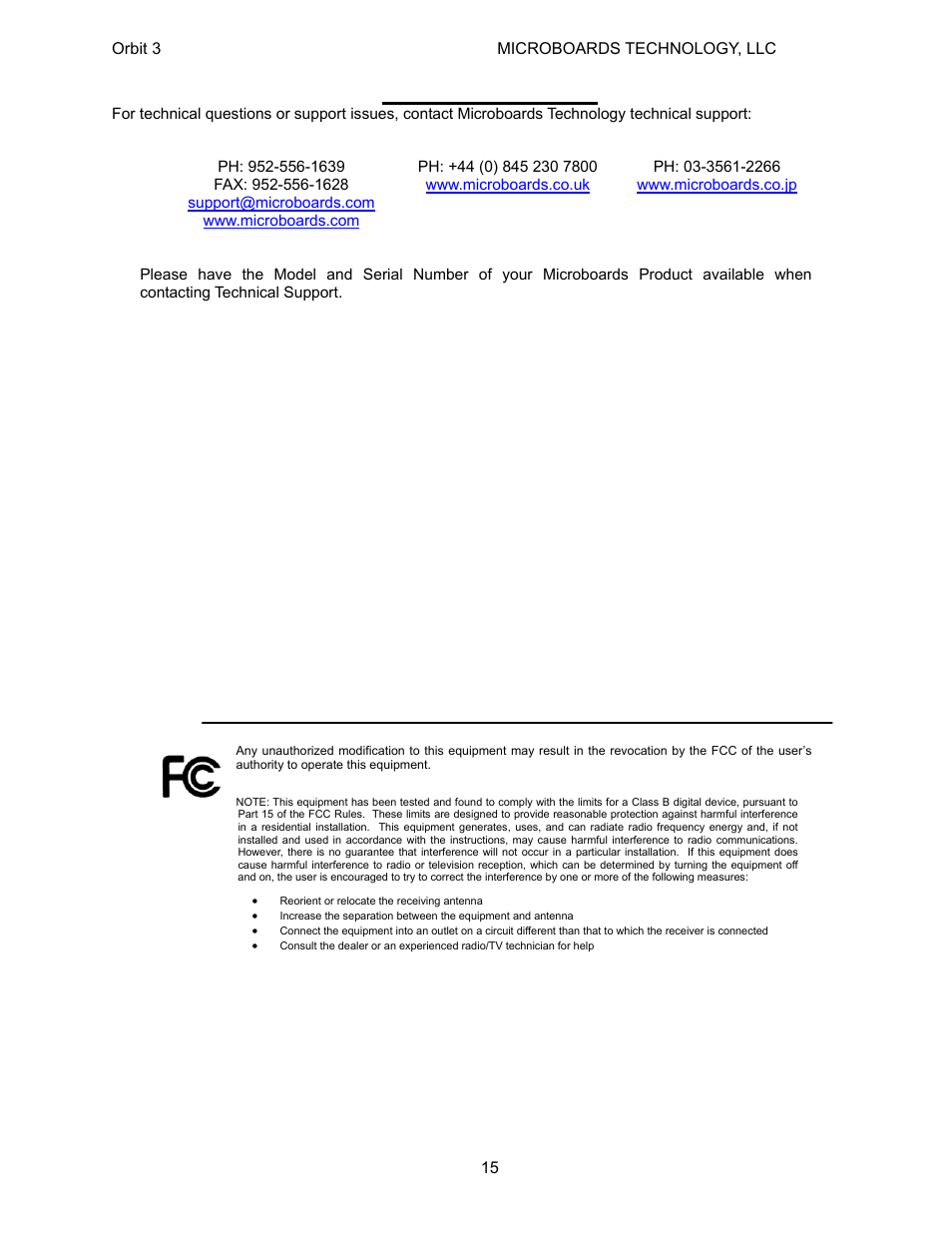 Technical support | MicroBoards Technology Orbit 3 User Manual | Page 15 / 16