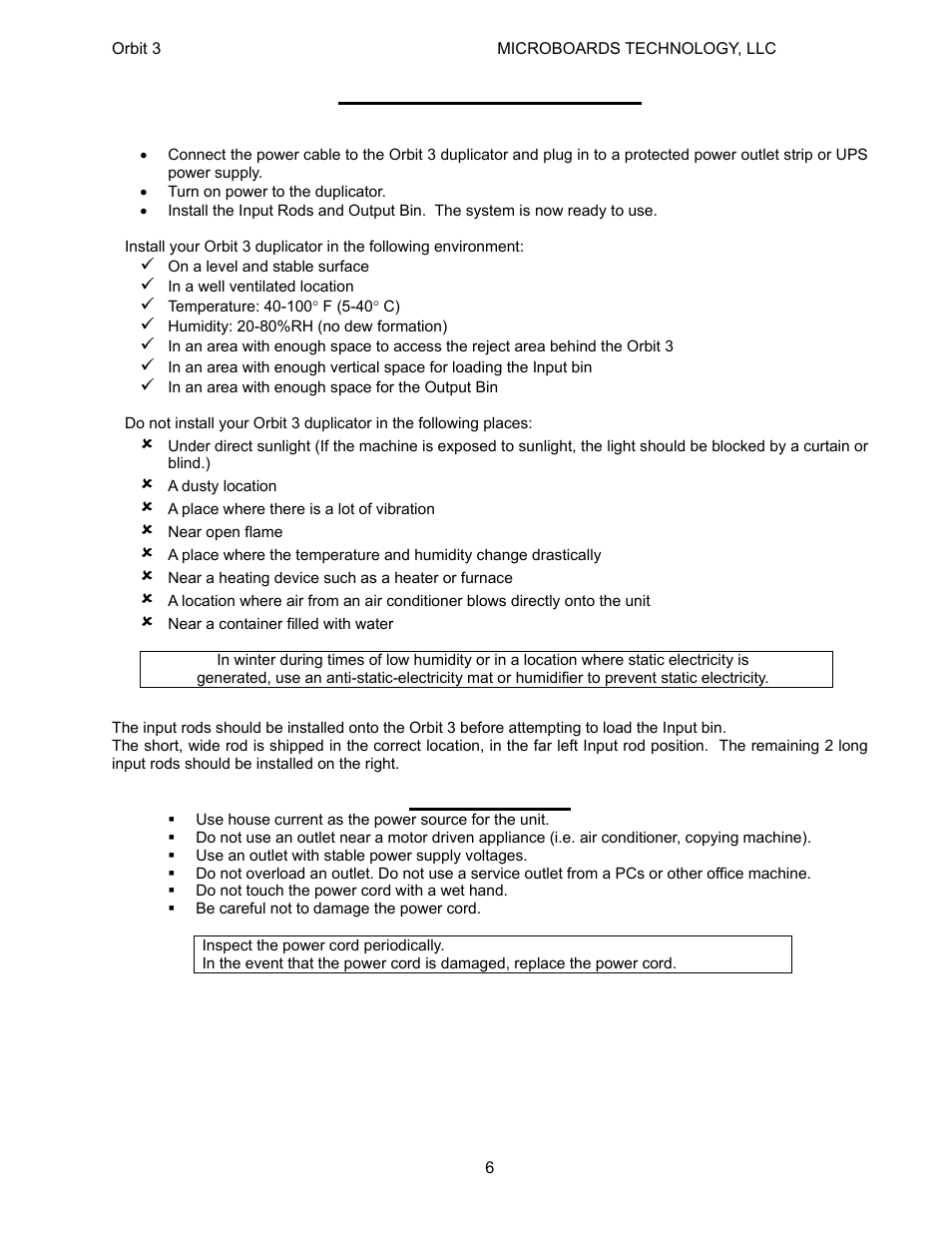 Installation requirements, Power supply | MicroBoards Technology Orbit 3 User Manual | Page 6 / 16