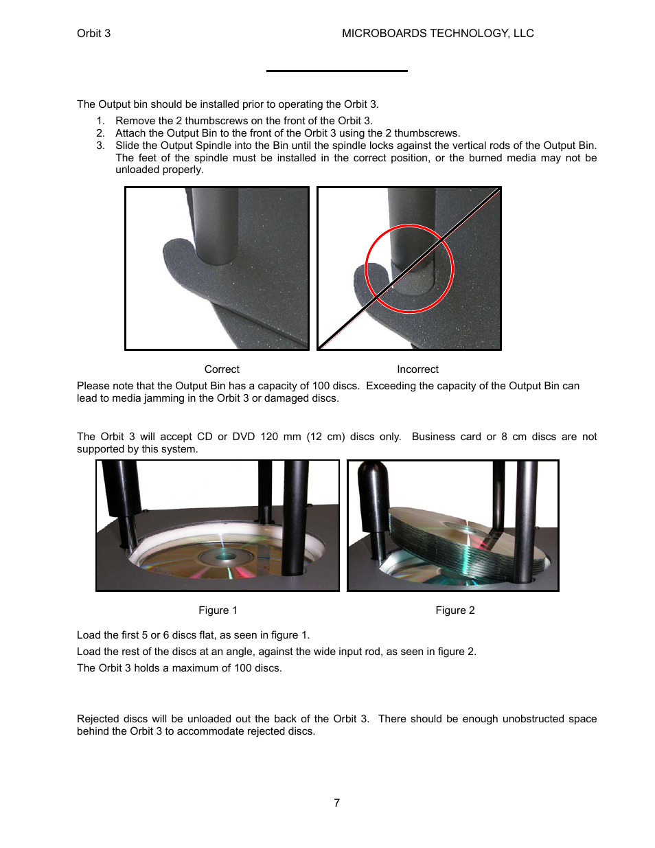 Orbit 3 operation the output bin, Loading discs, Rejected discs | MicroBoards Technology Orbit 3 User Manual | Page 7 / 16