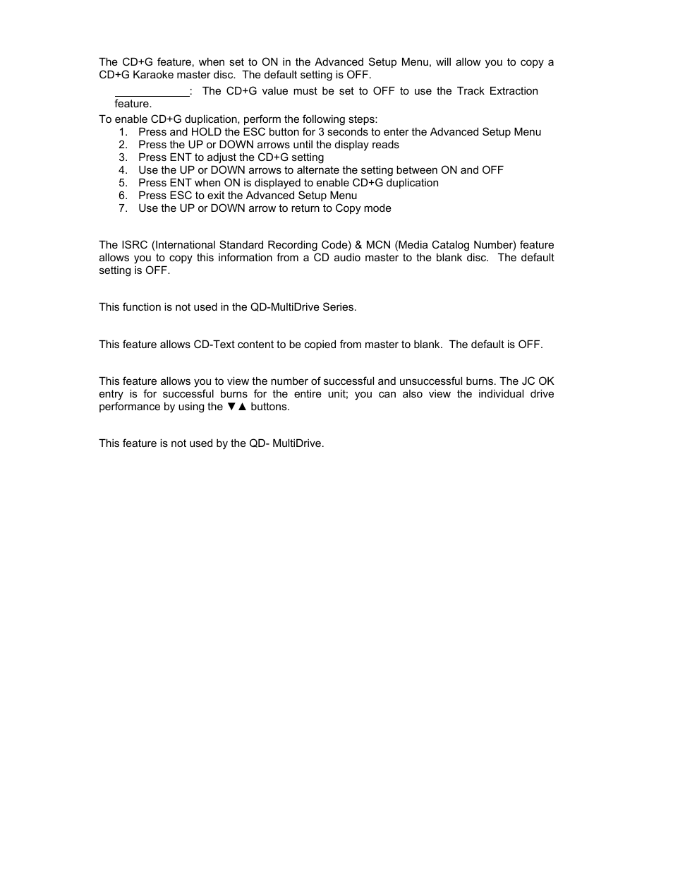 Cd+g, Isrc & mcn, Usb option | Cd text, Disc counter, Update drive f/w | MicroBoards Technology QD-123 User Manual | Page 17 / 21