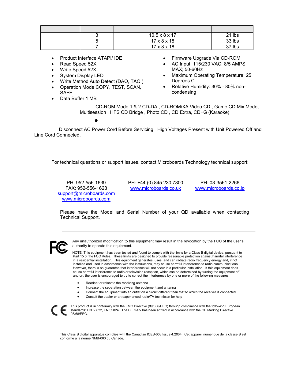 Specifications – qd-multidrive series, Technical support | MicroBoards Technology QD-123 User Manual | Page 18 / 21