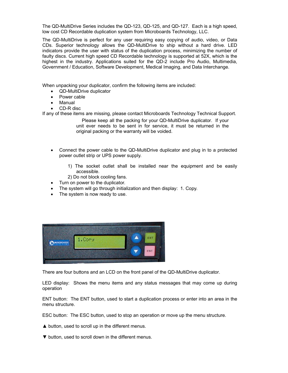 Introduction, Unpacking your system, Installation | Basic instructions, Buttons and lcd | MicroBoards Technology QD-123 User Manual | Page 5 / 21