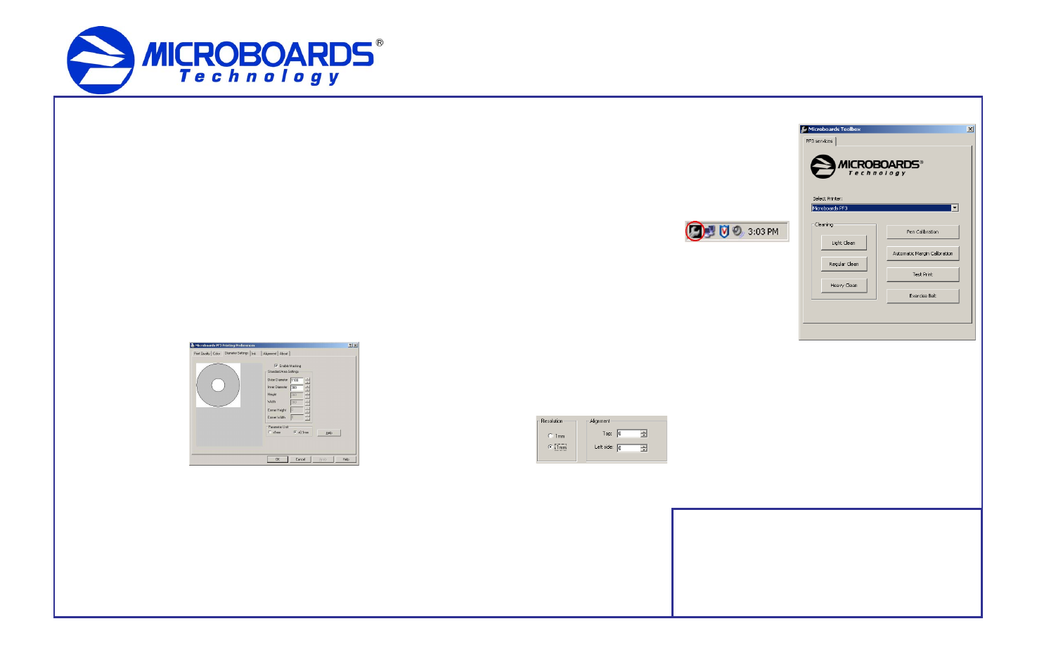 Quick reference guide, Pf-3 print factory configuration, Print image diameter settings | Print image alignment, Printer toolbox | MicroBoards Technology PF-3 User Manual | Page 2 / 2