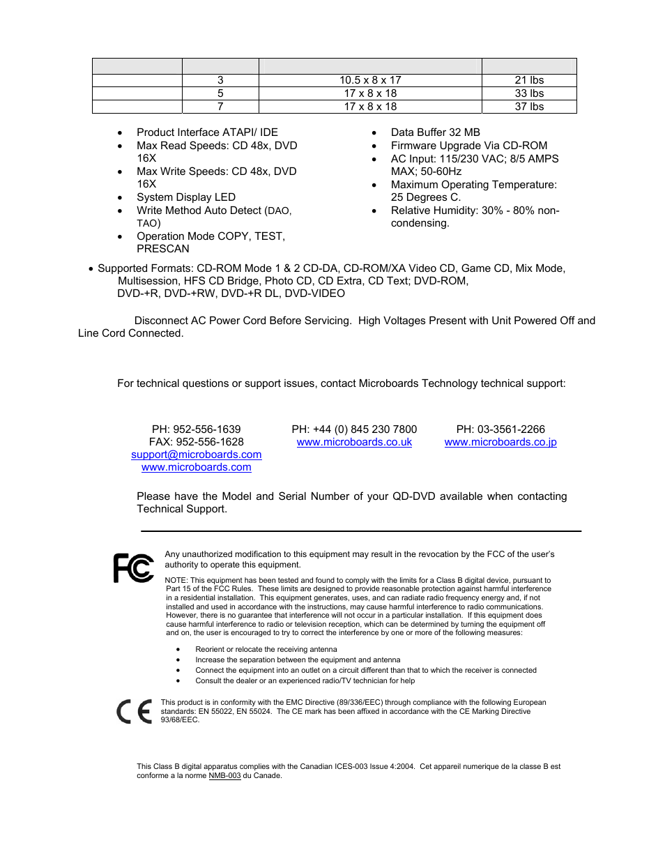 Specifications – qd-dvd multidrive series, Technical support | MicroBoards Technology QD-DVD 127 User Manual | Page 19 / 21