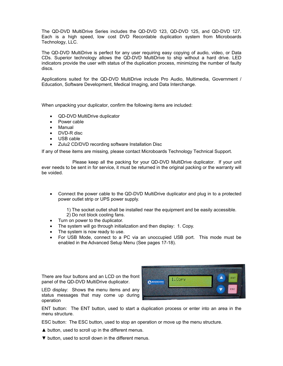 Introduction, Unpacking your system, Installation | Basic instructions, Buttons and lcd | MicroBoards Technology QD-DVD 127 User Manual | Page 5 / 21