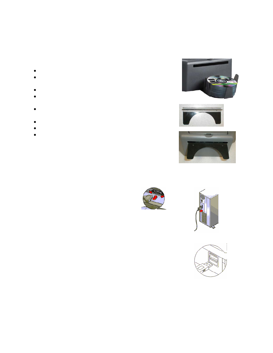 Installing disc guide and output bin, Connecting to a computer, Parallel port | Usb port, Parallel port usb port | MicroBoards Technology Print Factory User Manual | Page 7 / 41