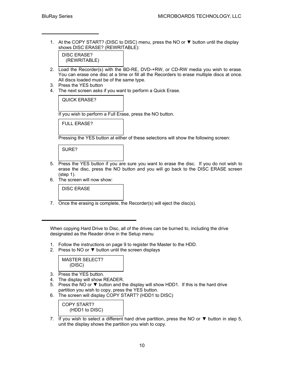 Erasing rw media, Copy hard drive (hdd) to disc | MicroBoards Technology CopyWriter BluRay Series User Manual | Page 10 / 23