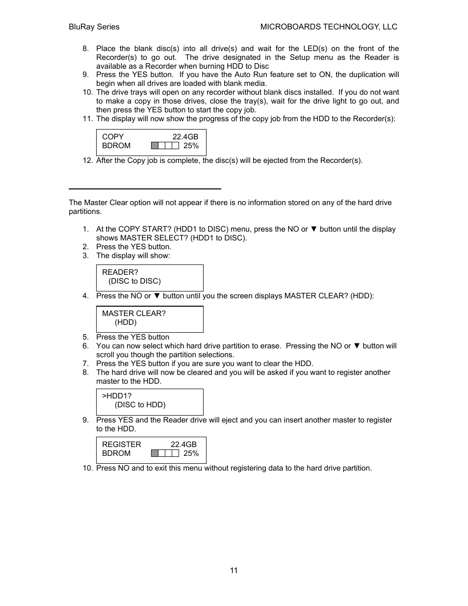 Clearing the hard drive (hdd) | MicroBoards Technology CopyWriter BluRay Series User Manual | Page 11 / 23