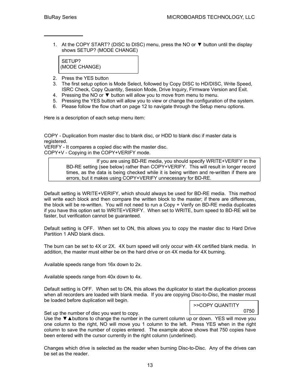 Setup menu | MicroBoards Technology CopyWriter BluRay Series User Manual | Page 13 / 23