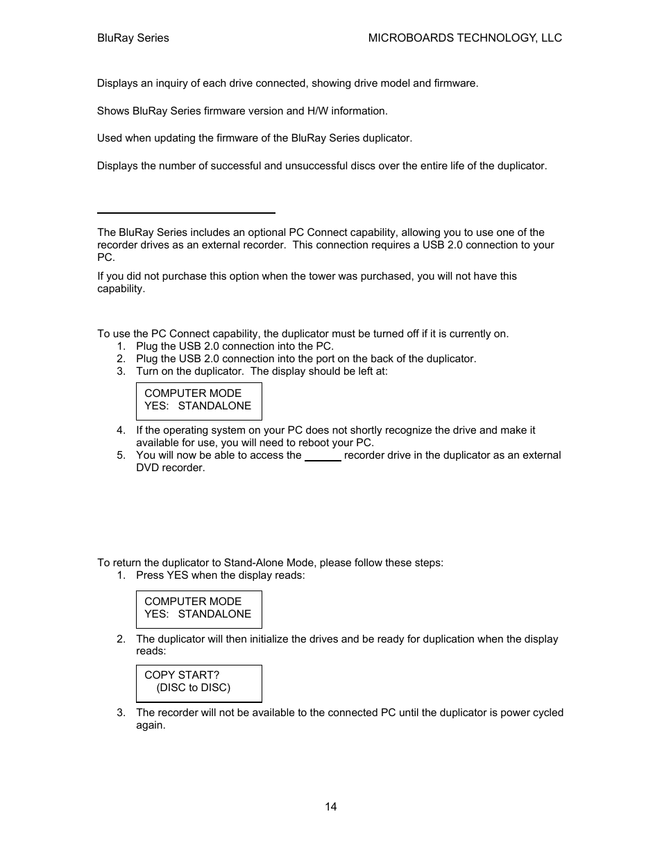 Pc connect (optional), Connecting to a pc, Returning to stand-alone mode | MicroBoards Technology CopyWriter BluRay Series User Manual | Page 14 / 23