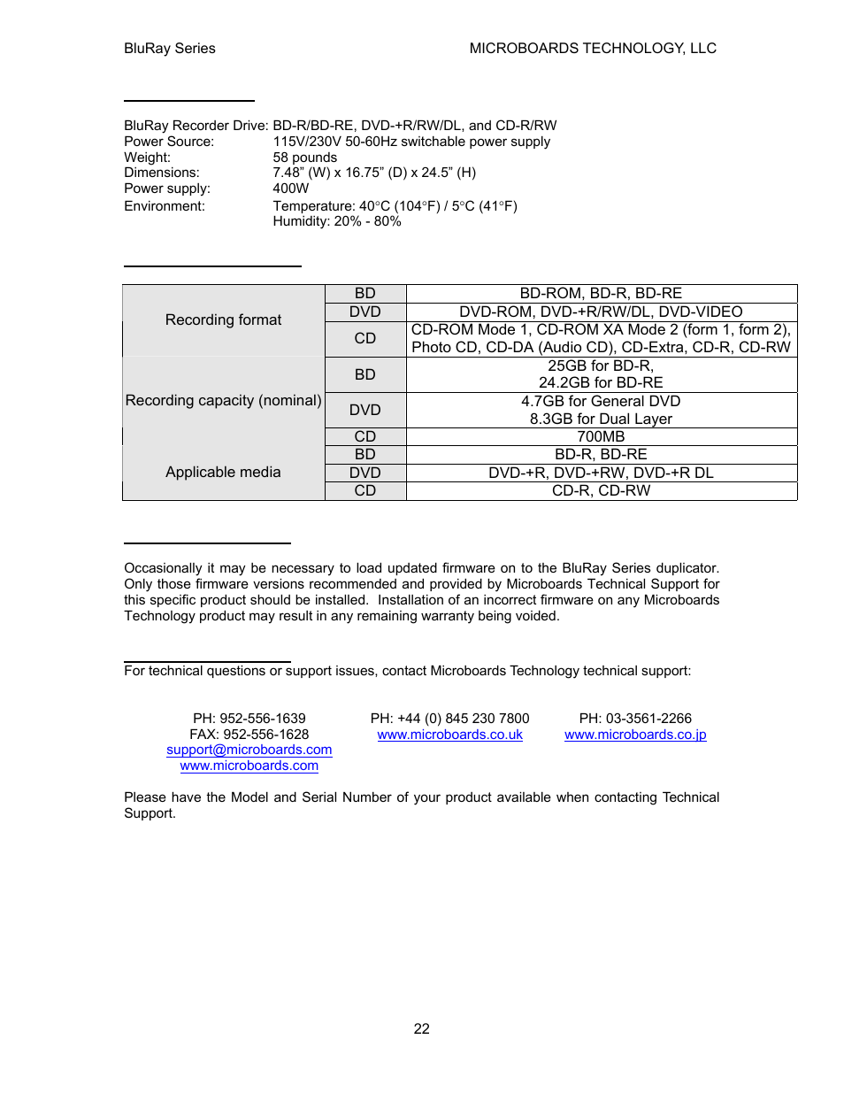 Specifications, Supported formats, Firmware updates | Technical support | MicroBoards Technology CopyWriter BluRay Series User Manual | Page 22 / 23