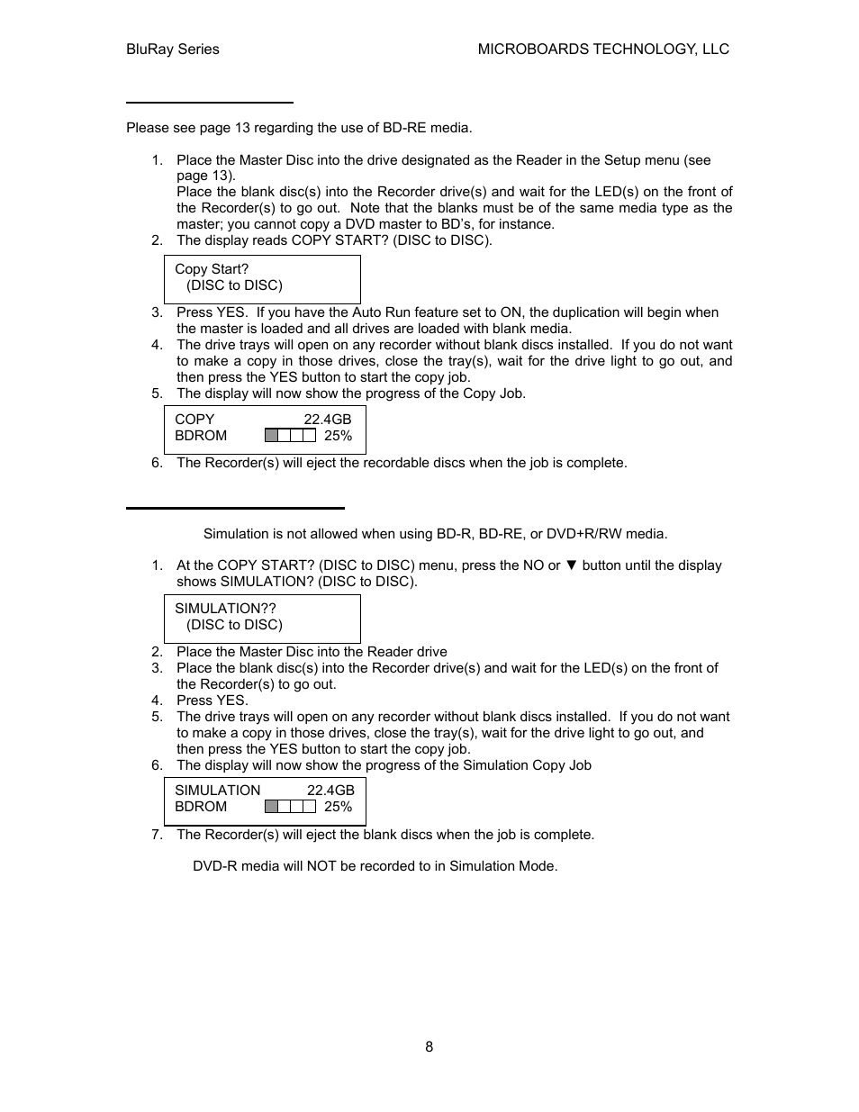 Copy disc to disc, Simulation disc to disc | MicroBoards Technology CopyWriter BluRay Series User Manual | Page 8 / 23