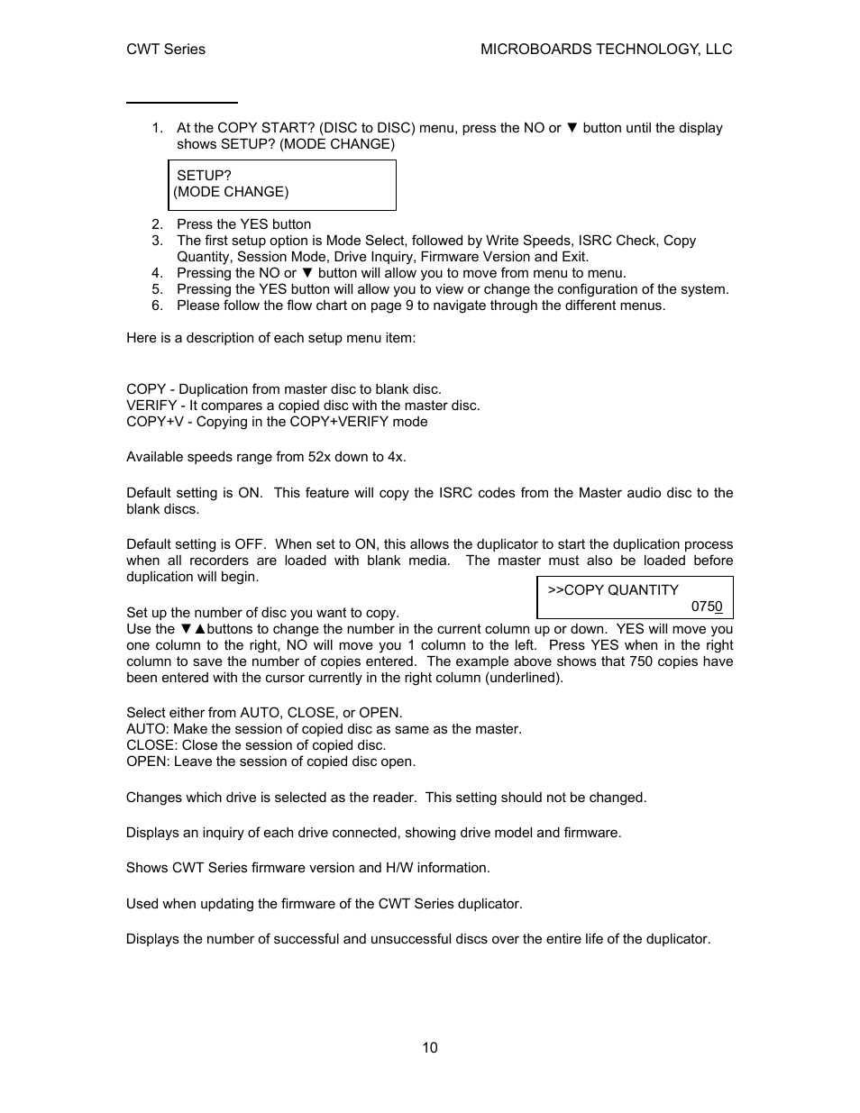 Setup menu | MicroBoards Technology CWT Series User Manual | Page 10 / 18