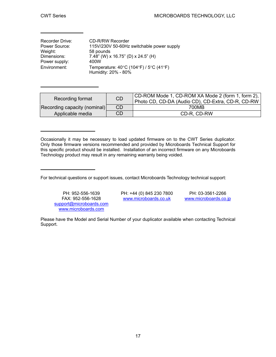 Specifications, Supported formats, Firmware updates | Technical support | MicroBoards Technology CWT Series User Manual | Page 17 / 18