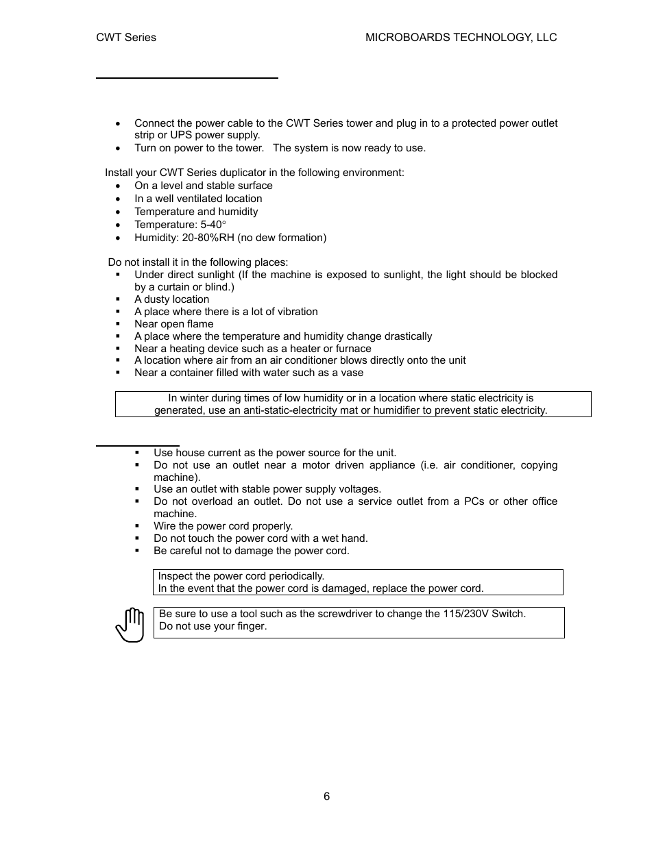 Installation requirements | MicroBoards Technology CWT Series User Manual | Page 6 / 18