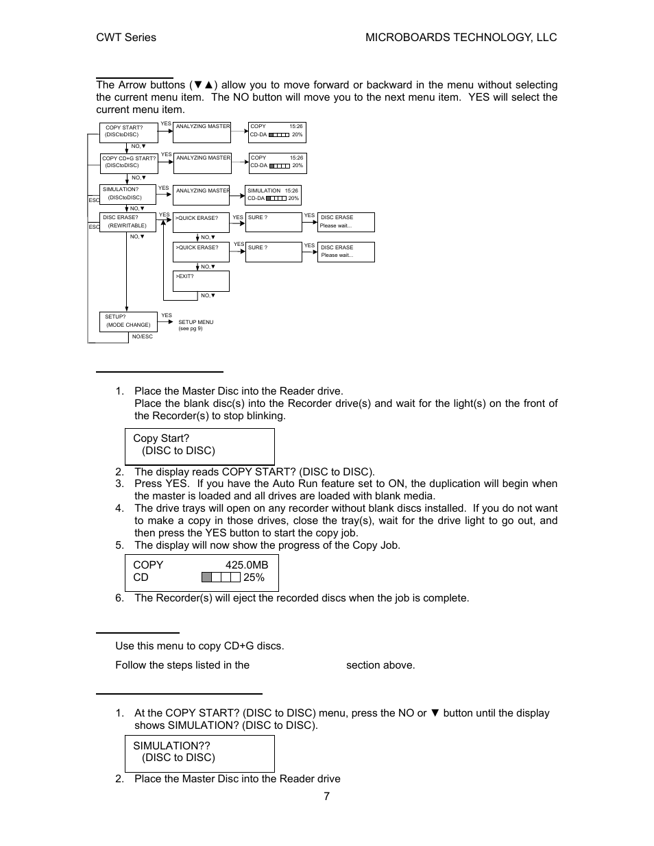 Main menu, Copy disc to disc, Copy cd+g | Simulation disc to disc, Cwt series microboards technology, llc | MicroBoards Technology CWT Series User Manual | Page 7 / 18