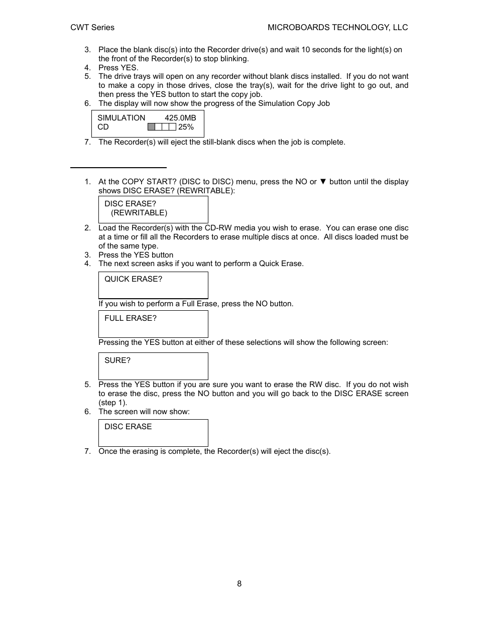 Erasing rw media | MicroBoards Technology CWT Series User Manual | Page 8 / 18