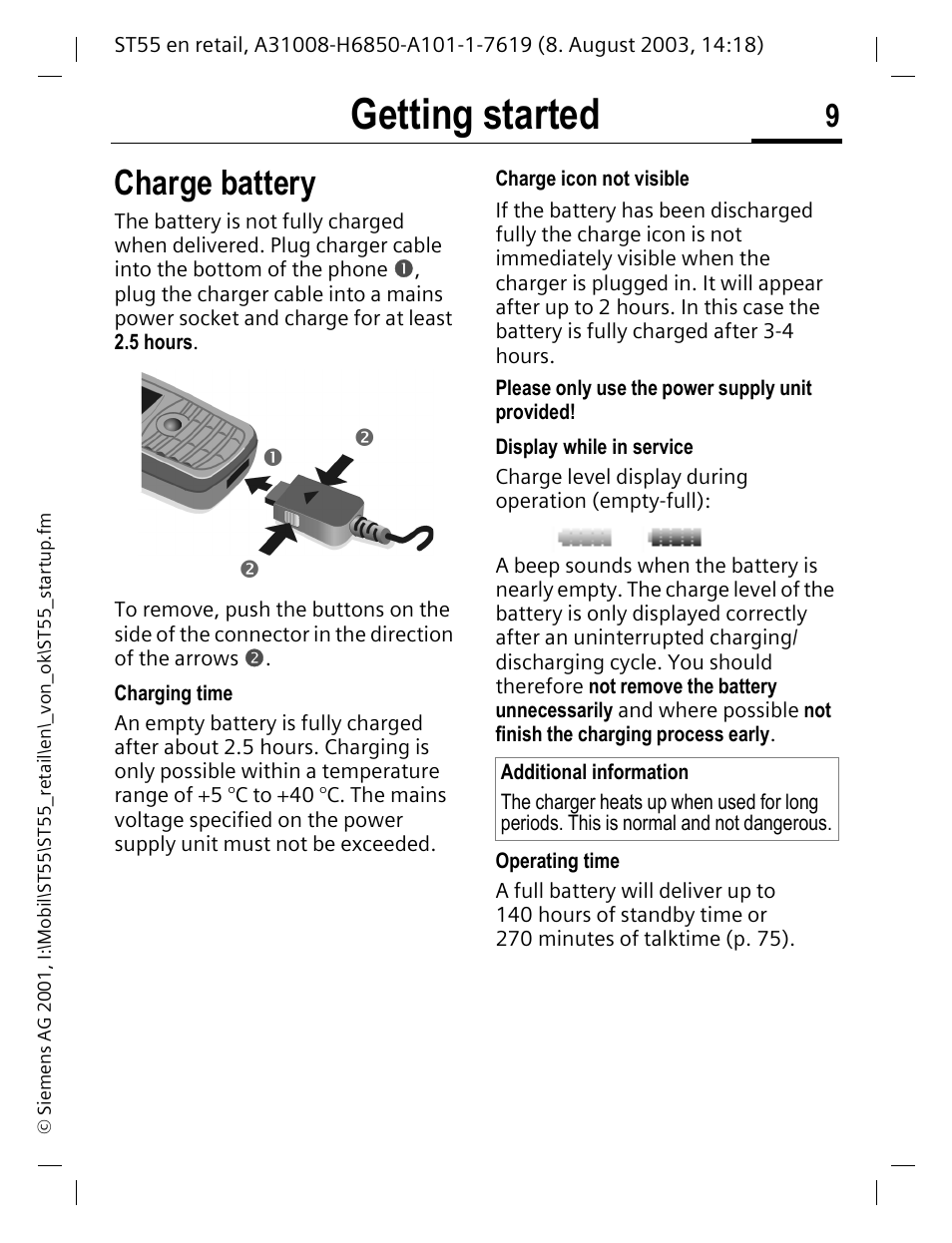 Charge battery, Getting started | Siemens ST55 User Manual | Page 10 / 88